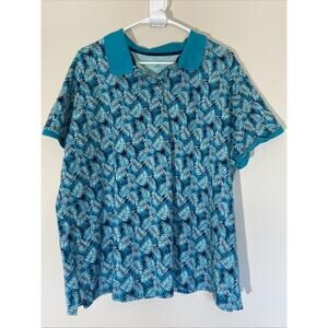 Lands End Teal Blue Allover Tropical Palm Hawaiian Polo Shirt Womens‎ 2X 20W-22W
